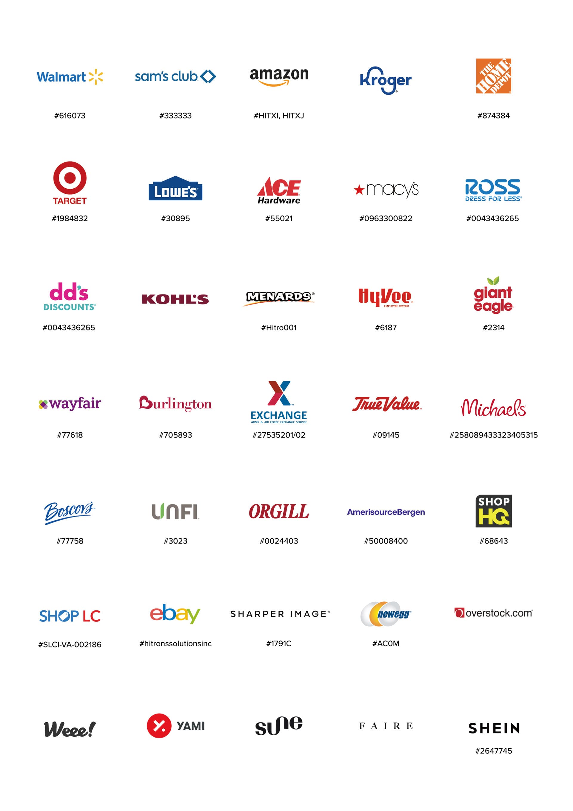 Walmart, sam's club, amazon, Kroger, The Home Depot, Target, Lowe's, macy's 등 북미 소매업체 로고와 벤더 번호 표